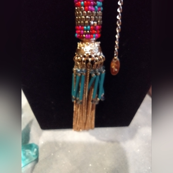 JULES Multicolored seed beads teal pink purple gold tassel Dangle 30" necklace - Picture 6 of 8